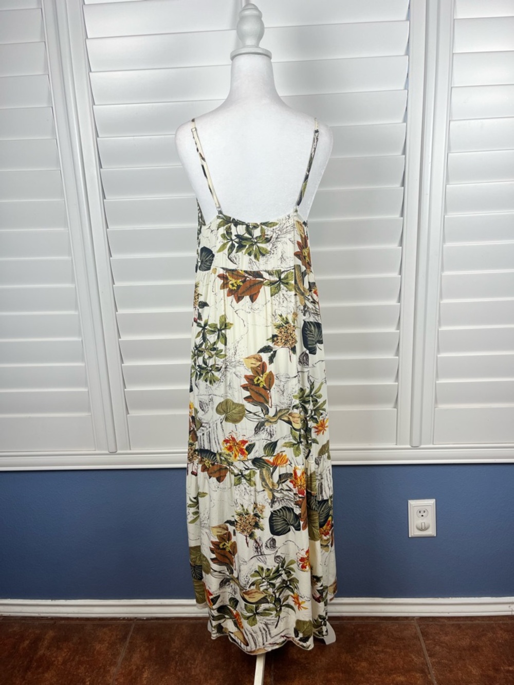 SHEIN Cream Maxi Slip Dress with Green&Brown Floral Print Size S Boho Coastal - Picture 4 of 7